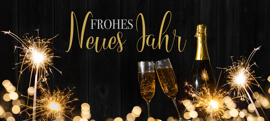 Frohes neues Jahr 2024 Silvester Neujahr Feiertag Grußkarte - Champagner oder Sektflasche,...
