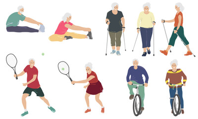 Old people do tennis, yoga, Nordic walking and cycling. Useful outdoor active recreation, flat vector illustration on white background.