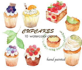 watercolor element set of cupcakes set of cakes  dessert 