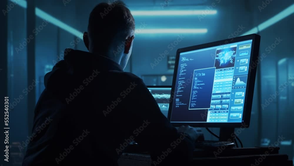 Wall mural computer hacker in hoodie. obscured dark face. hacker attack, virus infected software, dark web and 