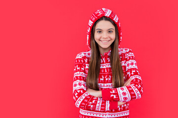 merry christmas. happy teen girl in red christmas clothes in studio. christmas girl with copy space.