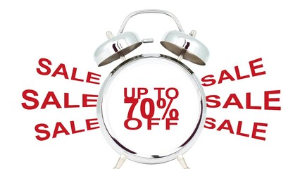 up to 70 % off sale text animation on retro alarm clock on white and green background. two versions of 70 percent discount looped zoom in and out motion graphic for banner, advertising, promo ad