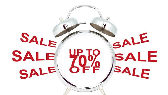 up to 70 % off sale text animation on retro alarm clock on white and green background. two versions of 70 percent discount looped zoom in and out motion graphic for banner, advertising, promo ad