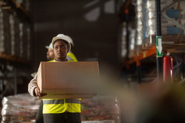A female warehouse worker wearing protective clothing is carrying a box in a large warehouse.