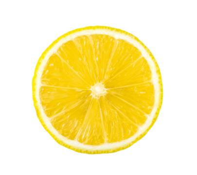 Top view of textured ripe slice of lemon citrus fruit isolated on transparent png