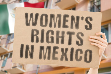 The phrase " Women's rights in Mexico " is on a banner in men's hands with blurred background. Cheering. Community. Confidence. Courage. Crowd. Defend. Determination. Different. Diversity. Fight