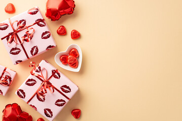 Valentine's Day concept. Top view photo of present boxes in wrapping paper with kiss lips pattern heart shaped balloons saucer with chocolate candies on isolated pastel beige background with copyspace