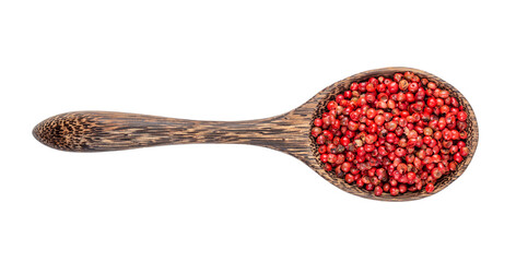 pink peppercorn in wood spoon isolated on transparent png
