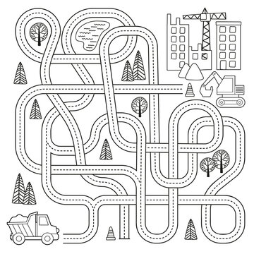 Maze game with vehicles and tangled road. Help the truck to reach the construction site. Coloring book page