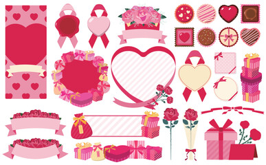 プレゼントやチョコレート・花をあしらったのバレンタインのハートリボンフレーム_ベクターセット素材_ピンク文字なし
