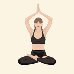 Woman in black clothes, doing yoga lotus pose. Flat vector illustration