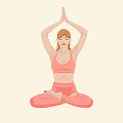 Woman with red hair and pink clothes, doing yoga lotus pose. Flat vector illustration