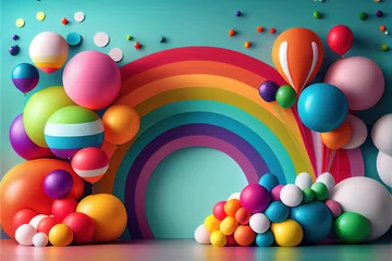 Fotobehang Birthday greeting or  anniversary party in motion with full of colorful balloons with rainbow colors , use it as a background or greeting or setup party room.  Generative Ai   © Hassan