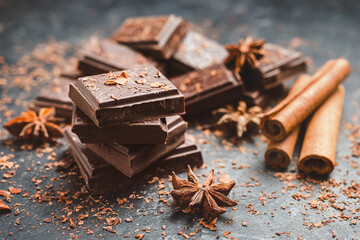 Dark chocolate bar pieces on dark background with grated chocolate and spices, pile chunks of broken chocolate