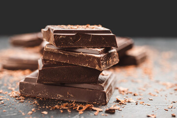 Dark chocolate bar pieces on dark background with copy-space, grated chocolate and spices, pile chunks of broken chocolate
