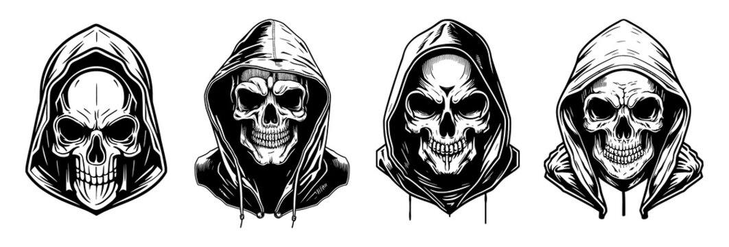 Hand drawn set of skulls in hood
