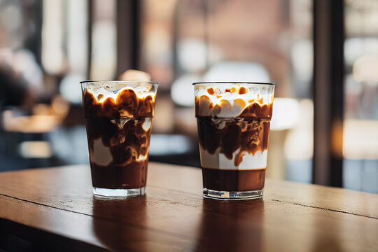 Two cups of iced-flavored coffee in a cozy coffee shop. A relaxing afternoon coffee time.