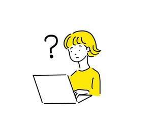 ノートパソコン　女性上半身　はてなマーク