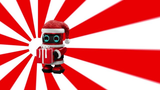Christmas-themed of 3D rendering transition of cartoons celebrating the season. Robot Santa is running on a screen while holding a gift parcel in a side view on a red background with a green screen.