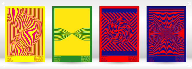 Geometrical Poster Design with Optical Illusion Effect.  Modern Psychedelic Cover Page Collection. Colourful Wave Lines Background. Fluid Stripes Art. Swiss Design. Vector Illustration for Brochure. - obrazy, fototapety, plakaty
