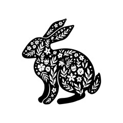 Easter floral rabbit silhouette in linocut style. Cute bunny shape, flower, leaves. Vector folk art illustration isolated on white background. Bloom linocut rabbit icon for logo, social media, print.