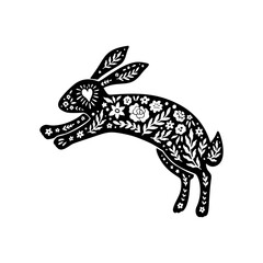 Easter floral rabbit silhouette in linocut style. Cute bunny shape, flower, leaves. Vector folk art illustration isolated on white background. Bloom linocut rabbit icon for logo, social media, print.