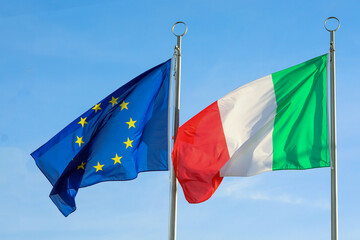Two waving flags of ITALY and EUROPEAN UNION © ChiccoDodiFC