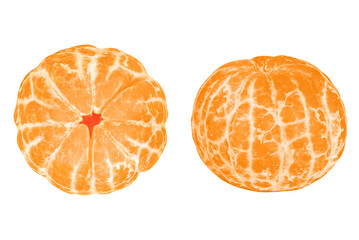 Two peeled tangerines isolated on a transparent background.