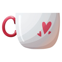 White and red coffee mug with hearts vector illustration. Valentine day cup romantic tableware drawing