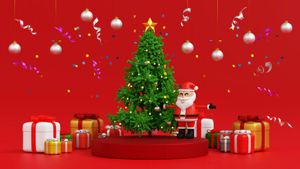 Santa clause snowman and Christmas tree gifts box, Happy New year and Merry Christmas greeting card, 3D rendering.