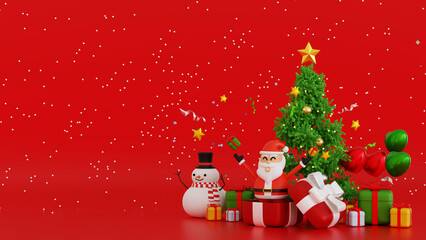 Santa clause snowman and Christmas tree gifts box, Happy New year and Merry Christmas greeting card, 3D rendering.