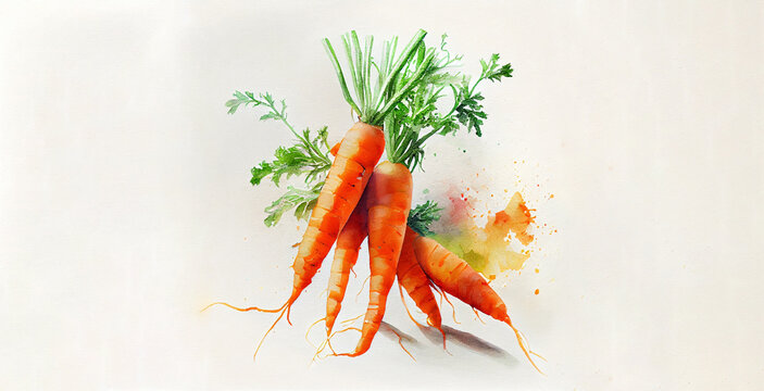 Carrot. Color watercolor on white paper background. Illustration of vegetables and greens.