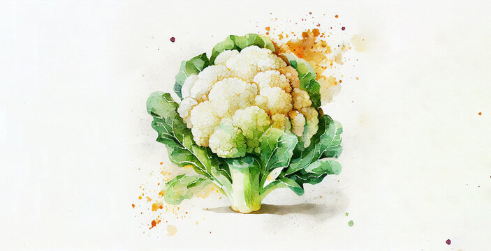 Cauliflower. Color watercolor on white paper background. Illustration of vegetables and greens.