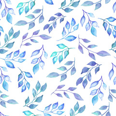 Watercolor seamless pattern with abstract blue branches, leaves. Hand drawn floral illustration isolated on white background. For packaging, textile, wrapping design or print.