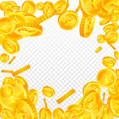 Indian rupee coins falling. Scattered gold INR