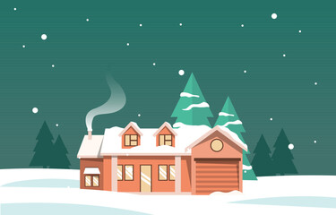 House Home in Night Snow Fall Winter Illustration