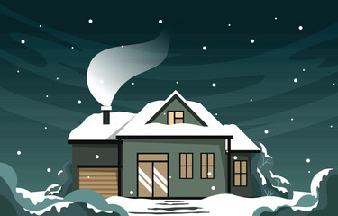 Fototapeta premium House Home in Night Snow Fall Winter Illustration