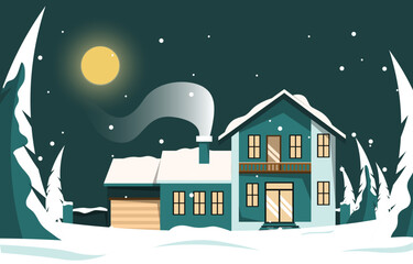 Obraz na płótnie Canvas House Home in Night Snow Fall Winter Illustration