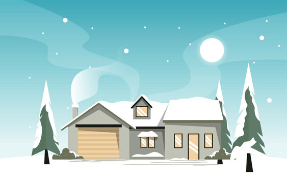House Home Pine in Snow Fall Winter Illustration