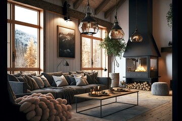 chalet interior of spacious living room with hanging lights, burning fireplaces and black sofa , made with generative ai - obrazy, fototapety, plakaty