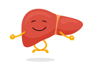 Cute healthy human liver character relaxation meditate. Funny mascot meditation in lotus yoga pose. Cartoon exocrine system gland internal organ good condition. Insides calm and relax. Vector eps