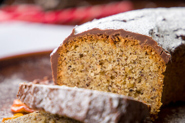 homemade chocolate cake with nuts, selective focus