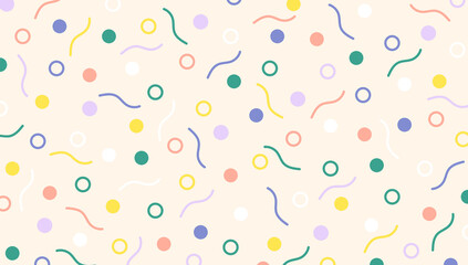 Cute happy confetti background. Festive seamless pattern in pastel colors drawn by hand. Creative minimalist style art backdrop. Fun colorful doodle seamless pattern. Abstract random figures.