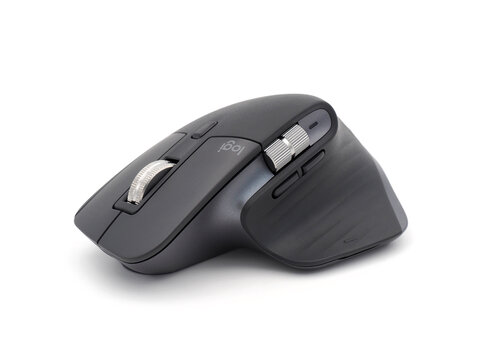 ROME, ITALY - DECEMBER 9, 2022. Logitech MX Master 3 mouse isolated on white background. Logitech International S.A. is an American-Swiss provider of personal computer and mobile peripherals.
