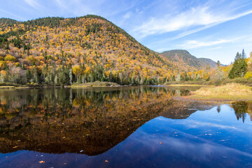 Naklejka premium Fall colors reflections at Jacques Cartier National Park. Quebec. Canada.