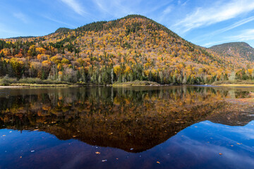 Fall colors reflections at Jacques Cartier National Park. Quebec. Canada.