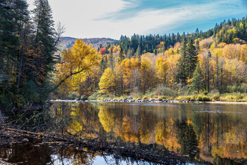 Fototapeta na wymiar Fall colors reflections at Jacques Cartier National Park. Quebec. Canada.