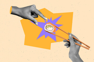 Creative photo 3d collage artwork poster postcard of two human arm hold sticks sushi enjoying tasty...