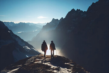 Couple hiking in swiss alp mountains and enjoying landscape panorama (Generative AI)