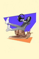 Creative photo 3d collage artwork poster postcard of funky girl riding snail moving cool party...